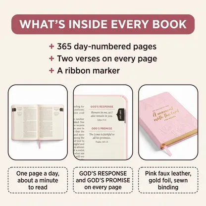 Three panels: 365 day-numbered pages, two verses every page, ribbon marker