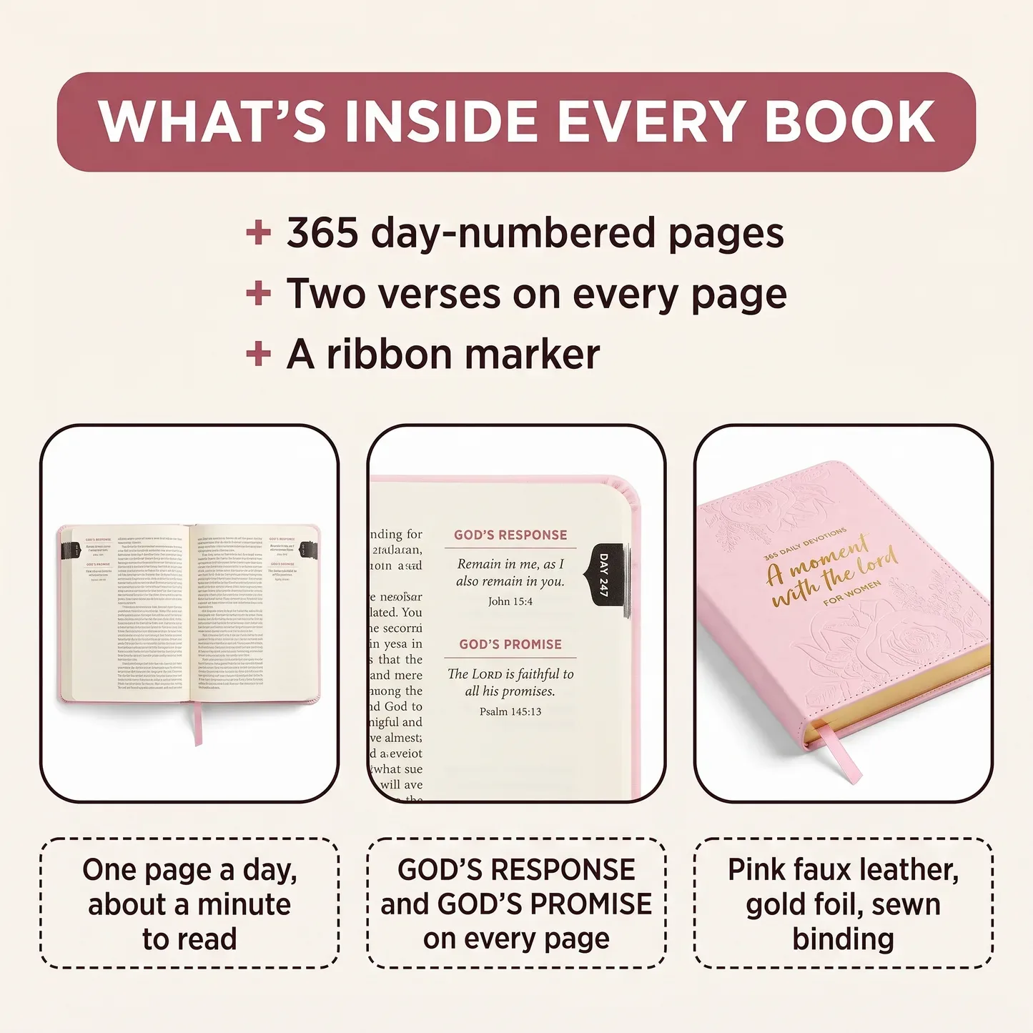 Three panels: 365 day-numbered pages, two verses every page, ribbon marker