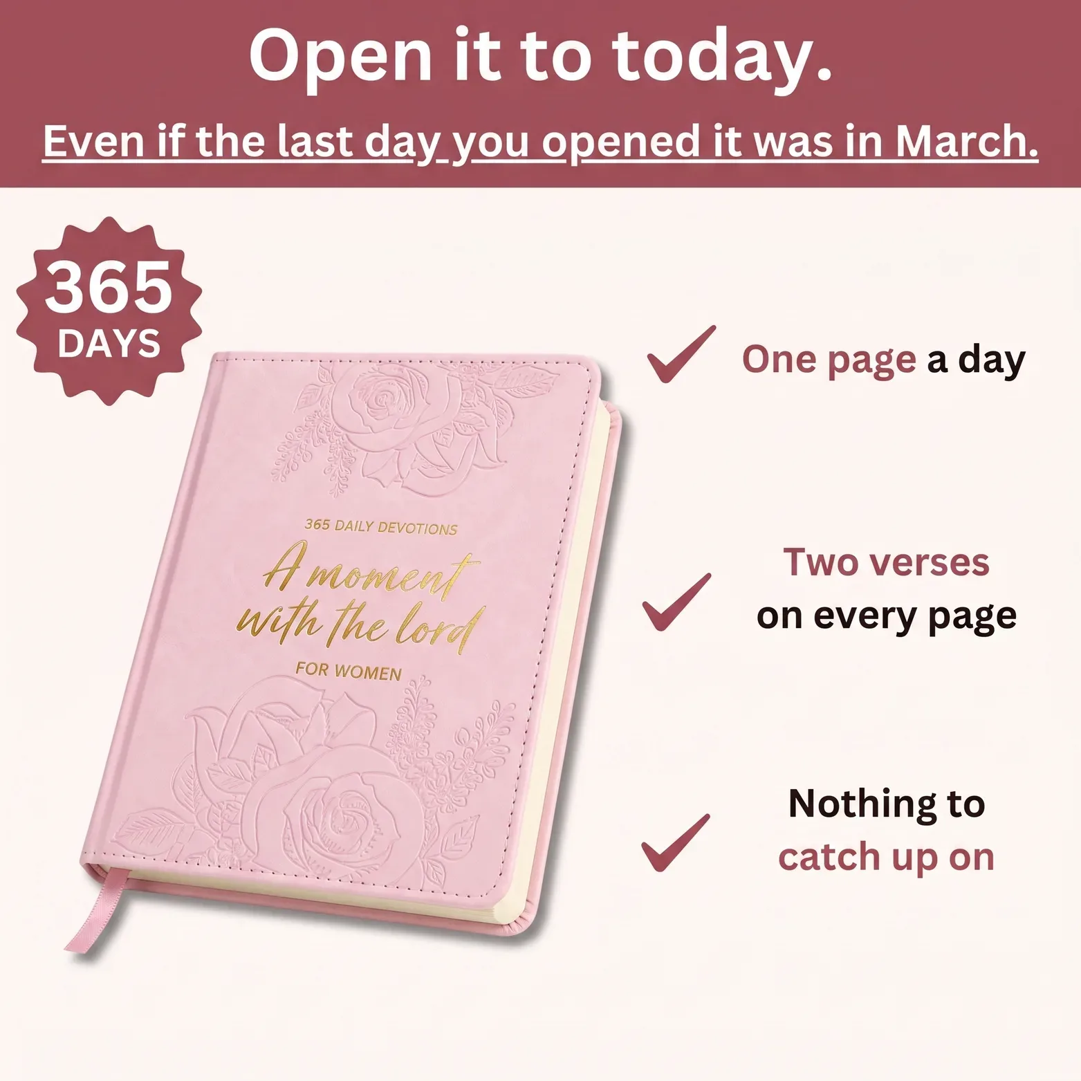 A Moment With the Lord devotional with a 365 Days badge and three callouts