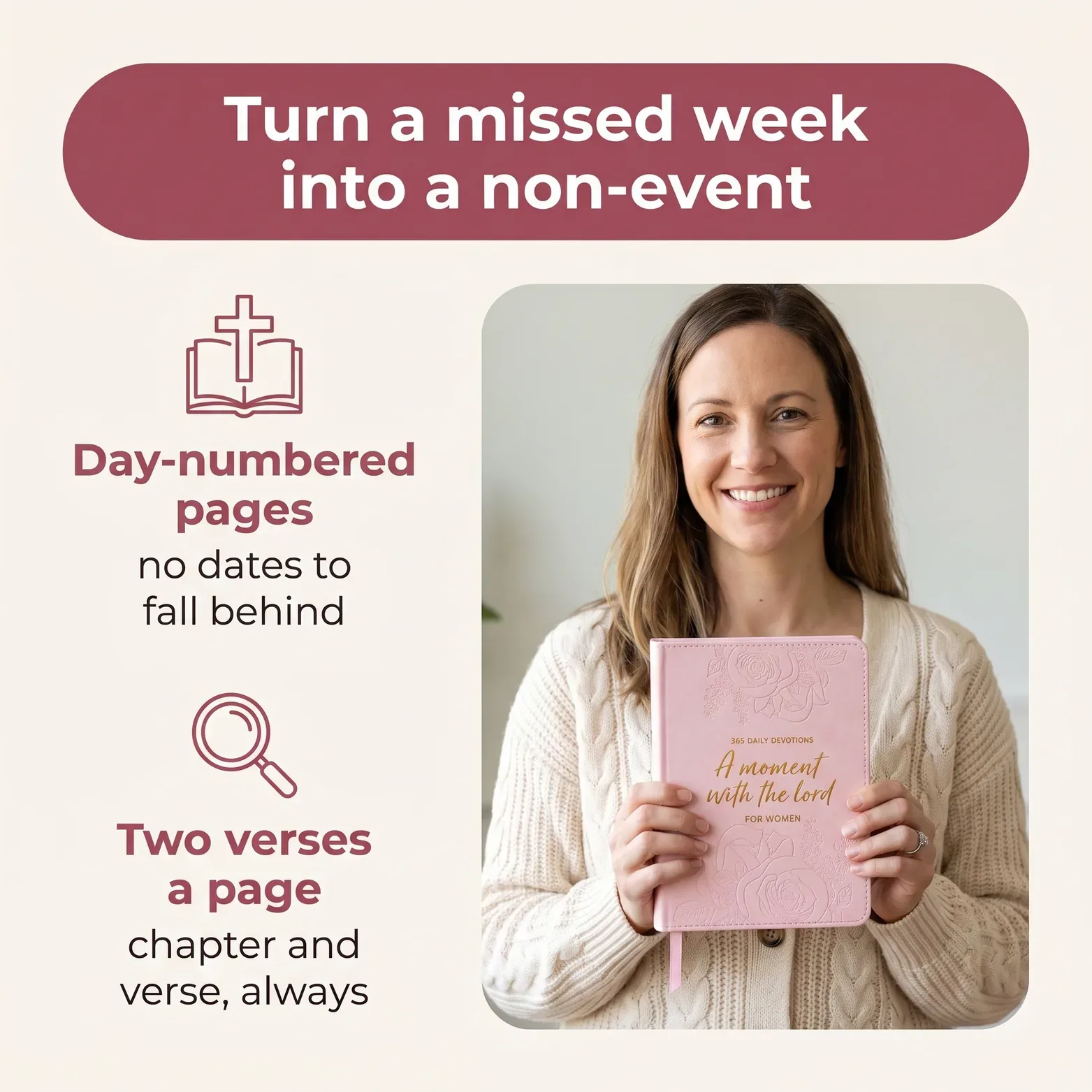 Woman holding the pink A Moment With the Lord devotional