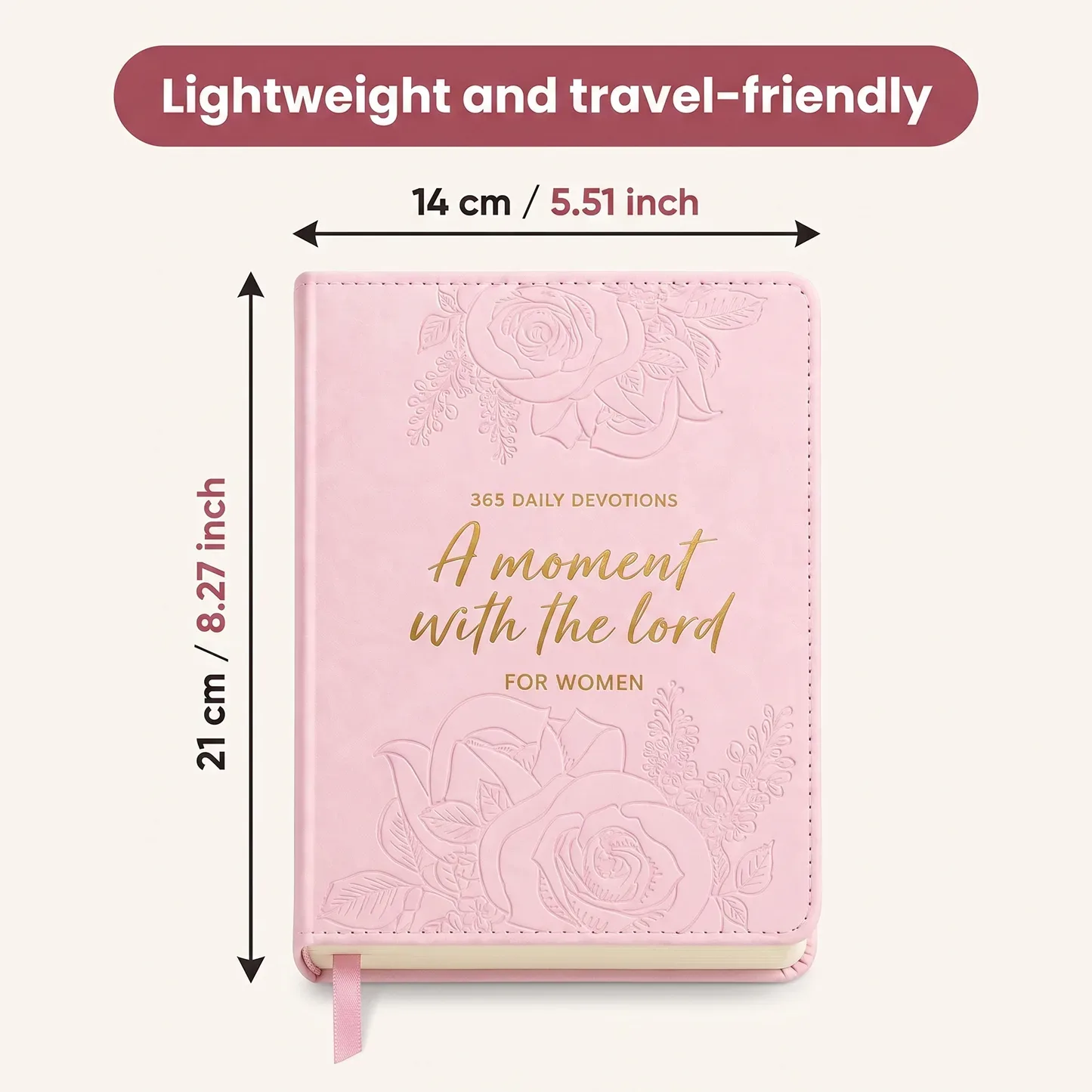 Measure lines showing the height and width of the pink devotional