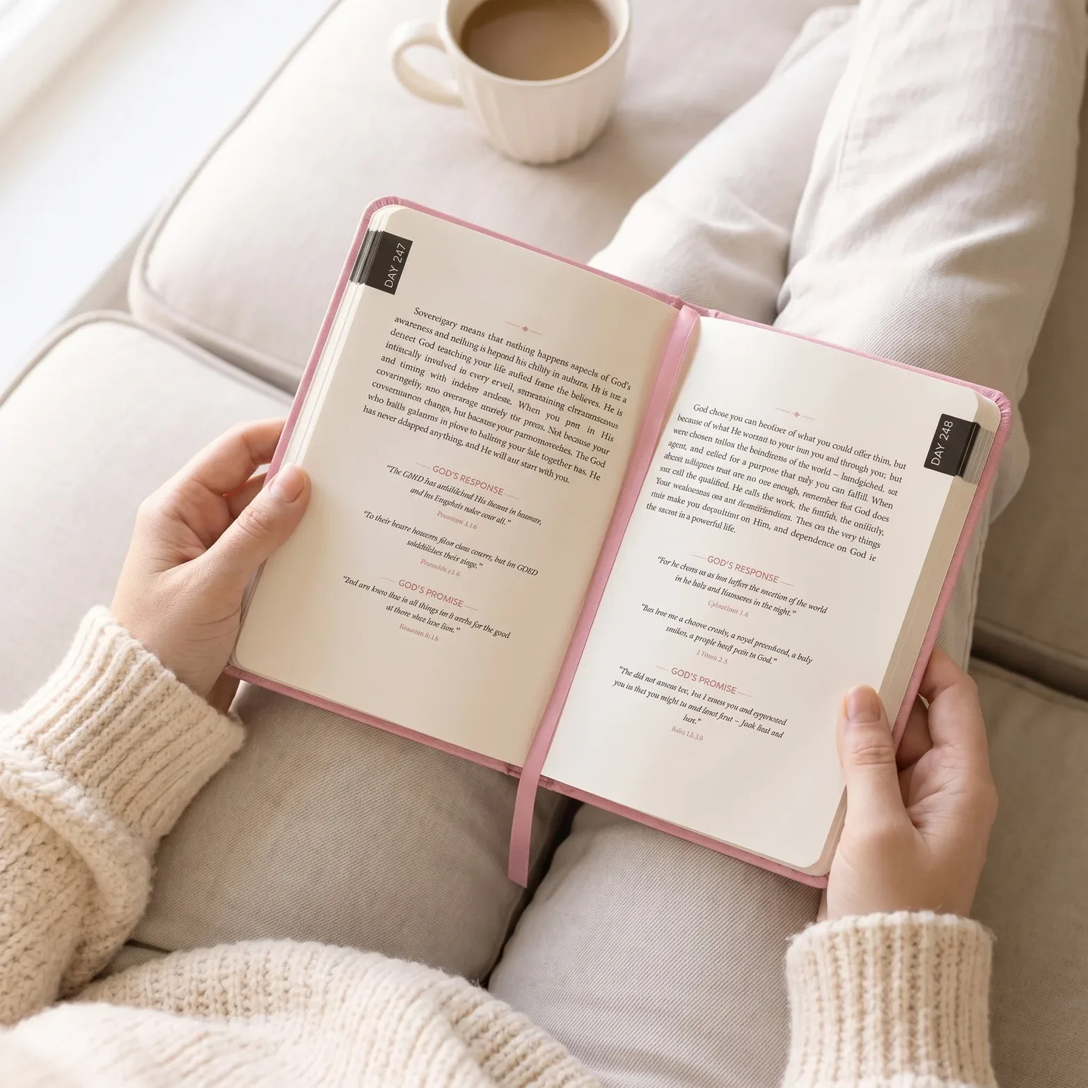 Pink devotional lying open on a woman's lap