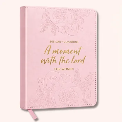 Pink faux leather devotional with embossed roses, front three-quarter view