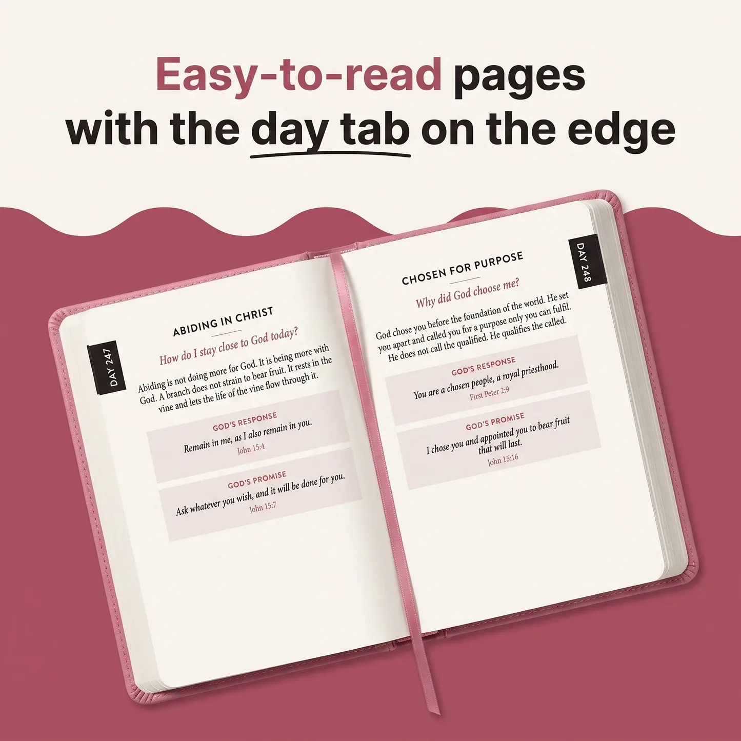 Open devotional page showing the reading, two scriptures and the day tab on the edge