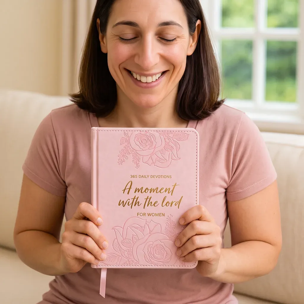 A woman by a fireplace, holding the pink devotional open on her lap.